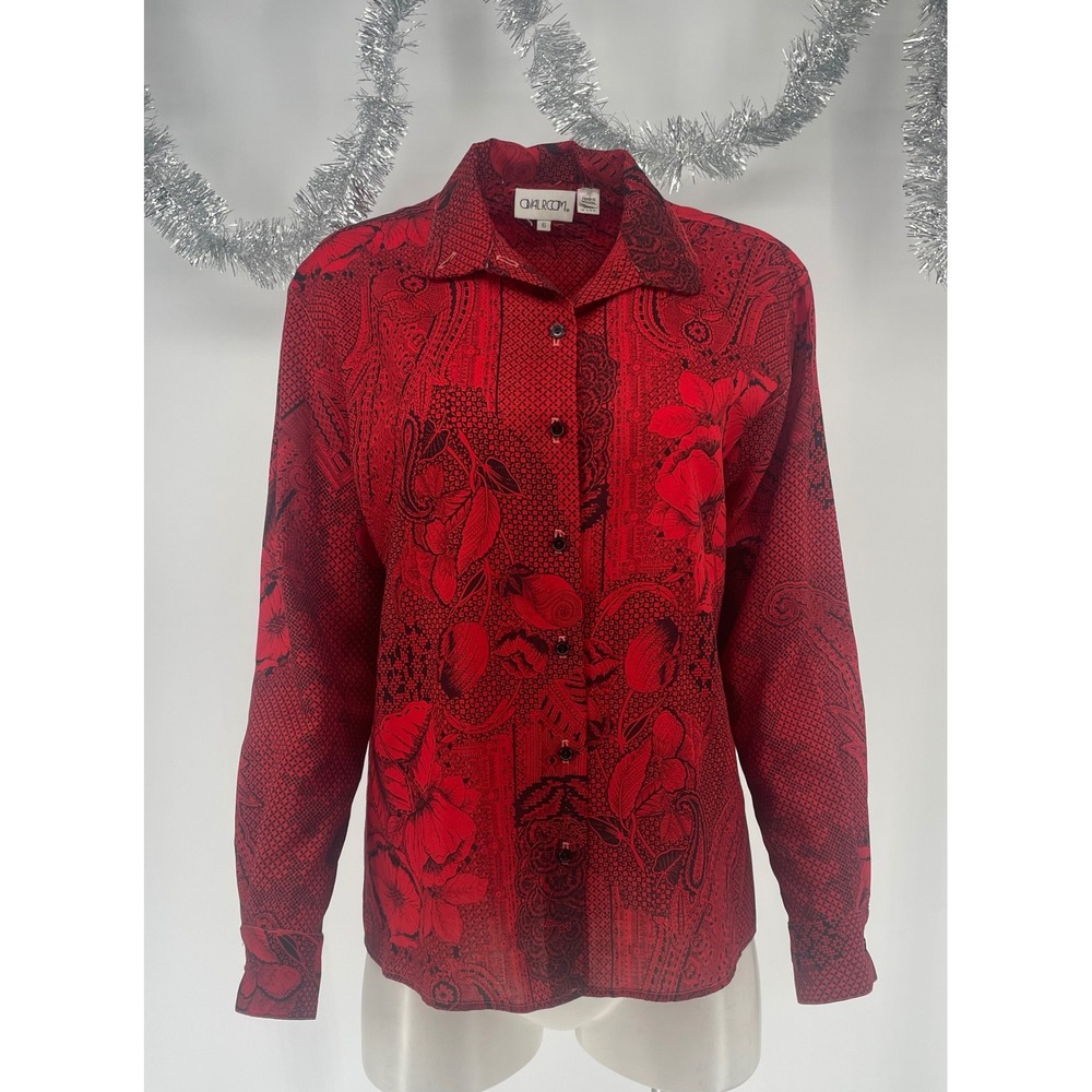 Vintage 80s 90s 100% Wool Red Black Floral Paisley Shirt Blouse 6 OVALROOM USA